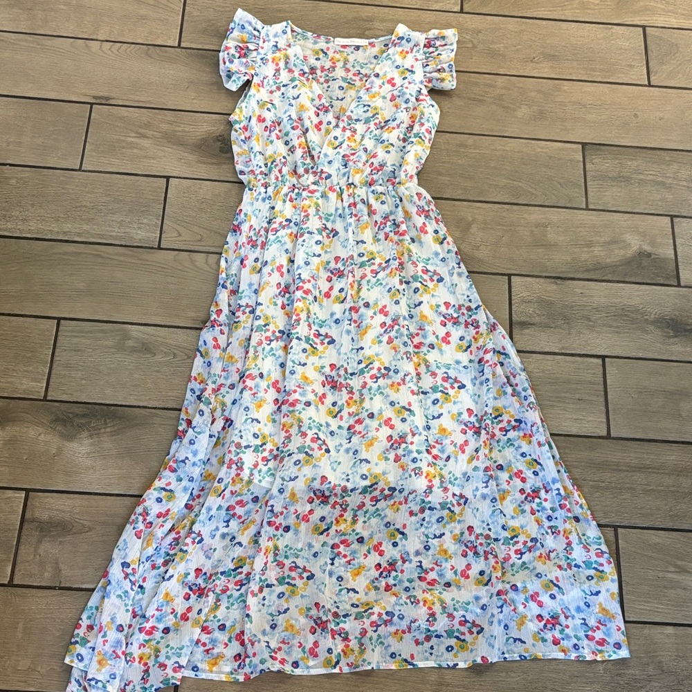 Version Feminin Floral Smocked Midi Dress Flutter Sleeve Ditsy Print Size S - Picture 3 of 11